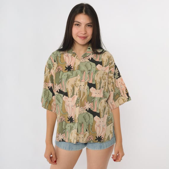 90s Elephant Print Shirt Short Sleeve Button Front Vintage Oversized Safari Animal Print Casual Summer Tropical Bohemian Jungle Retro Small