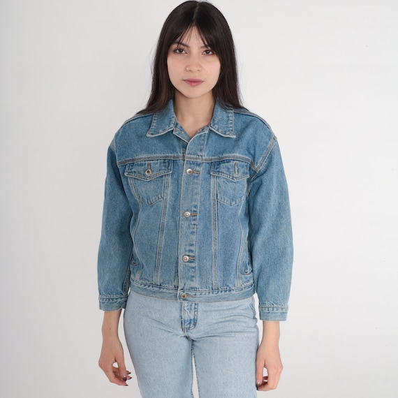 Y2K Denim Jacket Button up Jean Jacket Retro Basic Biker Trucker Boyfriend Jacket Blue Plain Streetwear Cropped Vintage 00s Old Navy Small S