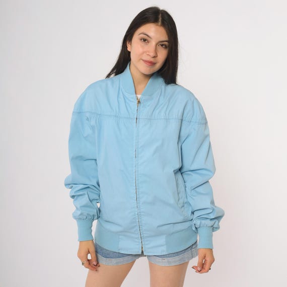 80s Bomber Windbreaker Baby Blue Jacket Vintage Track Athletic Sportswear Zip Up Light Blue Pastel  Preppy Extra Large XL 16