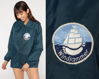 Windjammer Jacket 70s 80s Windbreaker Sailboat Patch Uniform Jacket Snap Up Plain Retro Nylon Lightweight Thin Blue Vintage Mens 40 Medium