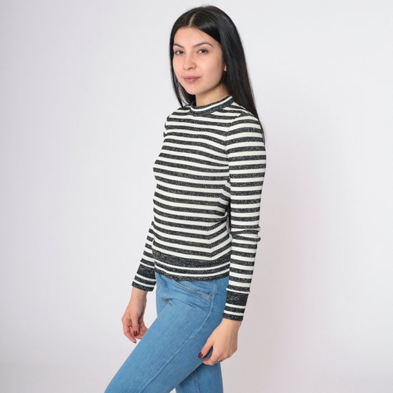 70s Knit Top Metallic Black White Silver Striped Shirt Jonathan Logan Ribbed Long Sleeve Sweater Party Retro Vintage 1970s Extra Small xs