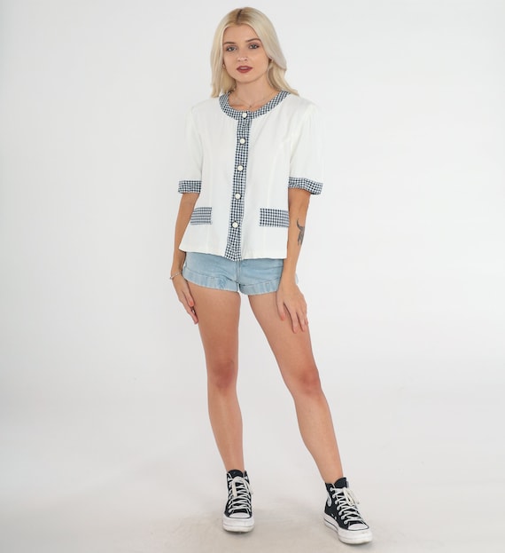Gingham Trim Top 90s White Navy Blue Blouse Button up Shirt Short Sleeve Retro Preppy Chic Summer Secretary Blouse 1990s Vintage Medium M 8