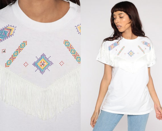 Southwest Tshirt Studded Fringe Shirt Rodeo Western Tshirt Boho 90s Vintage Retro Tee Southwestern White Medium