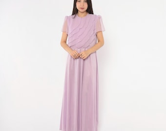 70s Lilac Maxi Dress Chiffon Ruffle Flutter Sleeve Purple Pastel A Line Formal Prom Bridesmaid Gown Fairycore Cottagecore Vintage Large L