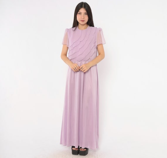 70s Lilac Maxi Dress Chiffon Ruffle Flutter Sleeve Purple Pastel A Line Formal Prom Bridesmaid Gown Fairycore Cottagecore Vintage Large L