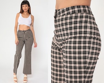 90s Flared Pants Black Tan Plaid Slacks Boho Festival Trousers Flare Pants Stretch Checkered Hippie Vintage Bohemian Small 7