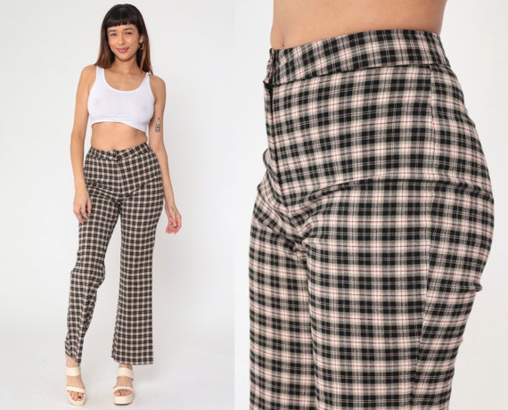 90s Flared Pants Black Tan Plaid Slacks Boho Festival Trousers Flare Pants Stretch Checkered Hippie Vintage Bohemian Small 7