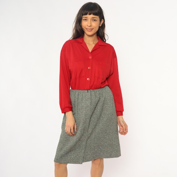 70s Colorblock Shirtdress Red Gray Tweed Collared Pockets Cottagecore Prairie Academic Knee Length Two Tone Vintage Dress Small Medium S M