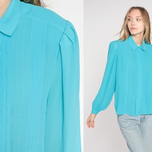 Blue Pleated Blouse 80s Secretary Top Long Puff Sleeve Collared Shirt Retro Boho Hidden Button Up Classic Basic Chic Vintage 1980s Medium 8 image 1