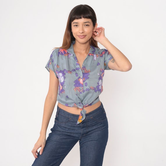 Tropical Bird Shirt 80s 90s Puzzle Pieces Shirt Tie Waist Floral Jungle Button Up Top Vintage 1980s Short Sleeve Grey Purple Rayon Small