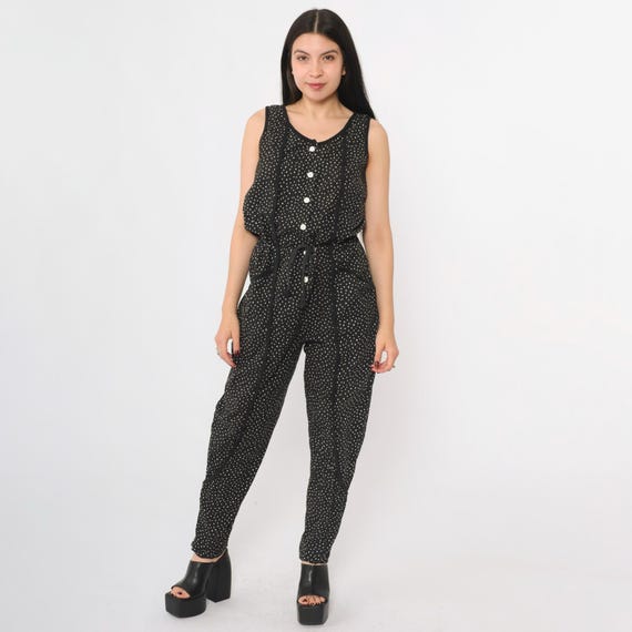 Vintage 80s Black Jumpsuit Confetti Dot Print Button Up Tapered Leg Pants Sleeveless Romper 1980s High Drawstring Waist Small S