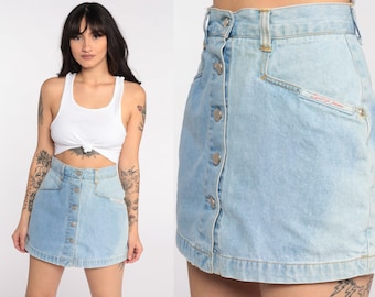 Gonna-pantalone in jeans blu con bottoni, gonna culotte, jeans aderenti anni '90, gonna in jeans a vita alta, vintage anni '90, corta, extra piccola xs