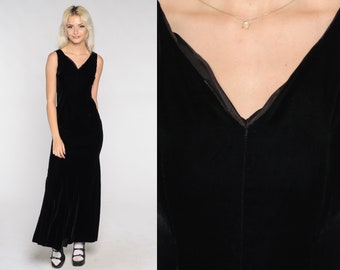 Robe en velours noir des années 90 Maxi robe col en V robe de soirée longue gothique grunge sans manches fourreau des années 1990 gothique vintage Extra Small xs