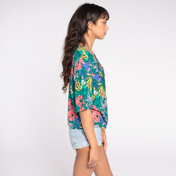 Tropical Floral Blouse 80s Button Up Short Sleeve… - image 5