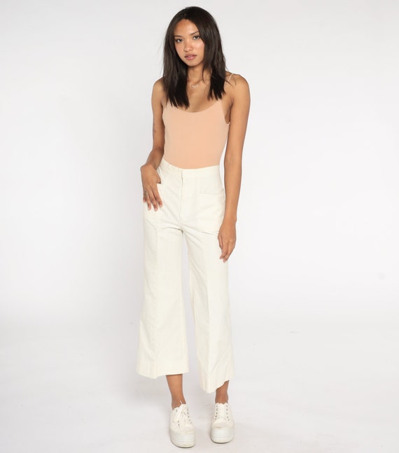 Vintage 70s Bell Bottoms Pants xs -- Off-White Trousers Boho Hippie Bellbottom Cropped Ankle High Waist 1970s Bohemian Size Extra Small