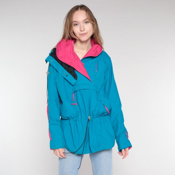 Hooded Ski Jacket 80s Blue Pink Pullover Turquoise Windbreaker Insulated Parka Hoodie Retro Skiwear Hood Sporty Neon Vintage 1980s Medium M