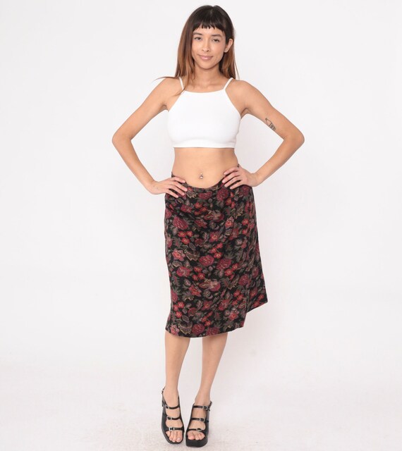 Floral Pencil Skirt 80s Straight Midi Skirt High Waisted Secretary Black Red Flower Print Vintage 1980s Medium