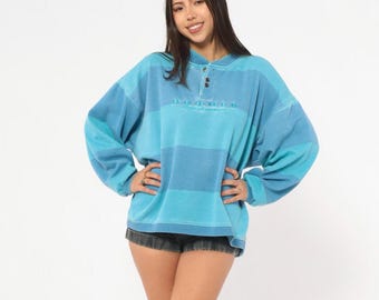 90er Henley Sweatshirt Gestreift Permit Sportswear Blau Teal Aqua Colorblock Baumwolle Pullover Türkis Sportlich Casual Top Vintage Large L