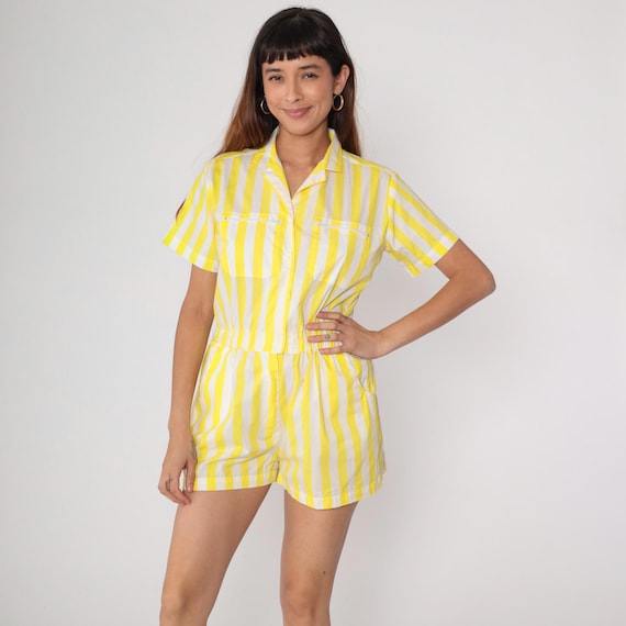 80s Romper Yellow Playsuit Striped One Piece Jumpsuit Short Sleeve 1980s Print Vintage Pockets Shorts High Waist White Medium M