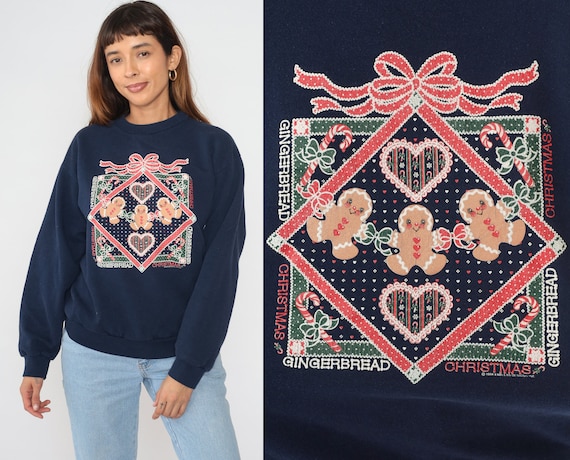 Christmas Sweatshirt 90s Winter Holiday Sweater Gingerbread Man Cookie Heart Present Graphic Shirt Ugly Xmas Navy Blue Vintage 1990s Medium