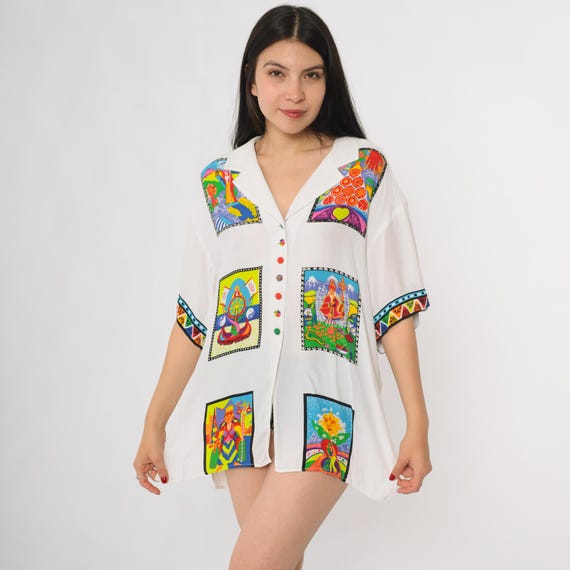 80s Psychedelic Shirt White Button Up Platinum Dorothy Schoelen Spiritual Art Colorful Mandala Design Short Sleeve Trippy Groovy Large L