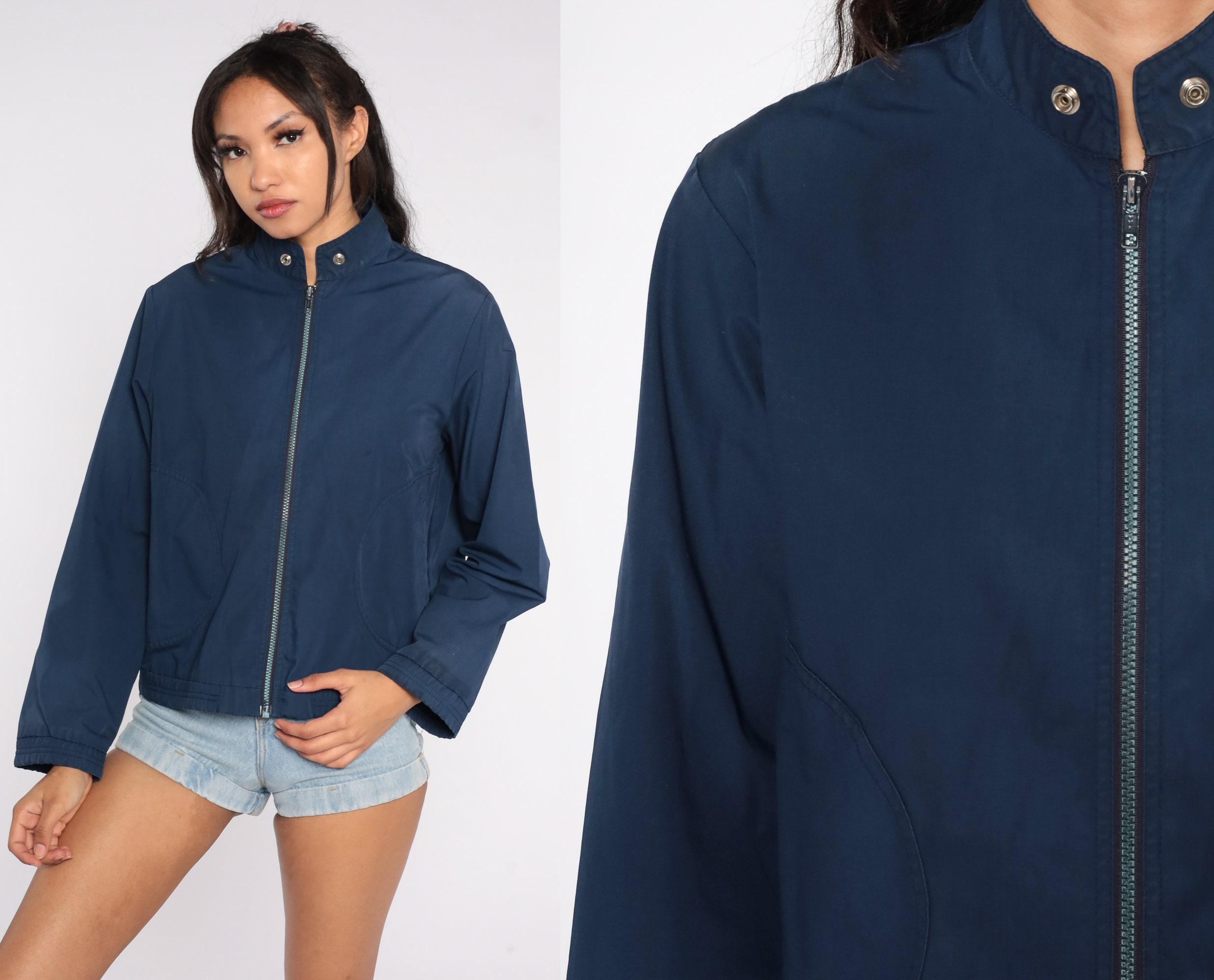 Navy Blue Windbreaker 80s Zip Up Jacket Plain Retro Work Wear Simple