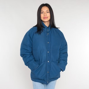 Navy Blue Puffer Jacket 80s Down Fill Ski Jacket Retro Skiwear Puffy Coat Snap Up Plain Sporty Winter Sportswear Puff Vintage 1980s Large L