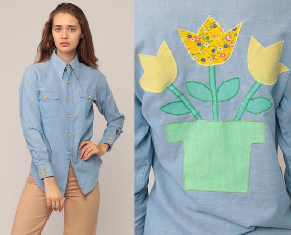 70s Boho Top Floral Blouse Cotton Chambray Shirt Button Up Shirt Bohemian Blue Long Sleeve 1970s Vintage Disco Hippie Small Medium