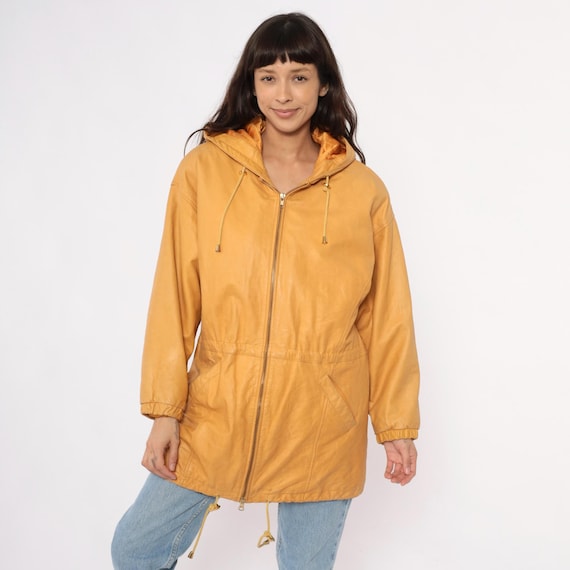 Hooded Leather Jacket Wilsons 90s Mustard Yellow Parka Zip Up Drawstring Hood Pockets Vintage Golden Tan Casual Coat Outerwear Medium M