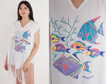 Tropical Fish Shirt 90s Mazatlan Mexican T-Shirt Fringe TShirt Ocean Diving Graphic Tee Tourist Boho White Vintage 1990s Small Medium Large