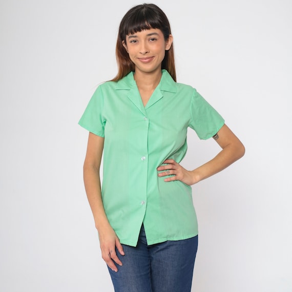 Vintage Mint Green Shirt 32 Button Up Shirt 70s Blouse Boho 1970s Shirt Disco Top Collared Plain Short Sleeve Sears Extra Small xs