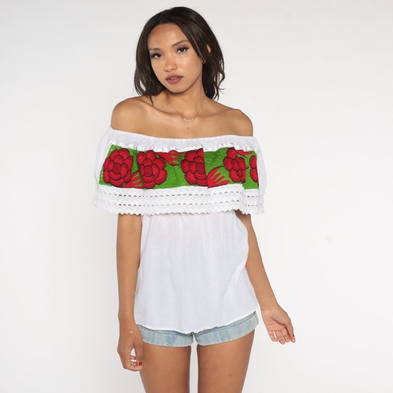Mexican Floral Blouse 90s Off Shoulder Top White Peasant Shirt Embroidered Rose Flower Boho Summer Puebla Hippie Cotton Vintage 1990s Medium