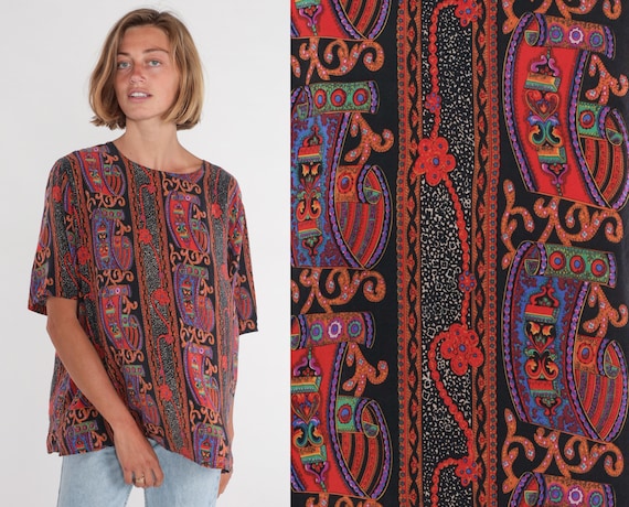 90s Silk Shirt Abstract Print Blouse Short Sleeve Top Black Red Geometric Geometric Floral Scroll Pattern Retro Vintage 1990s Extra Large xl