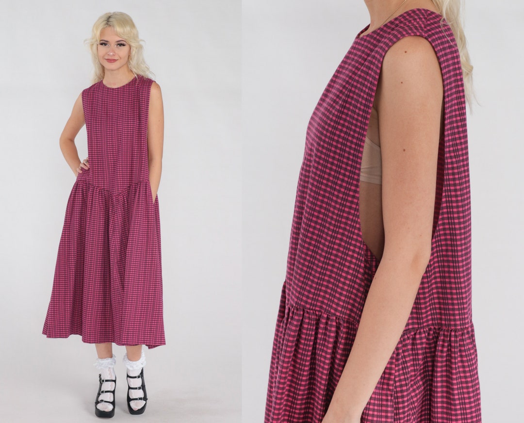 pink-checkered-dress-90s-jumper-dress-midi-pinafore-black-etsy