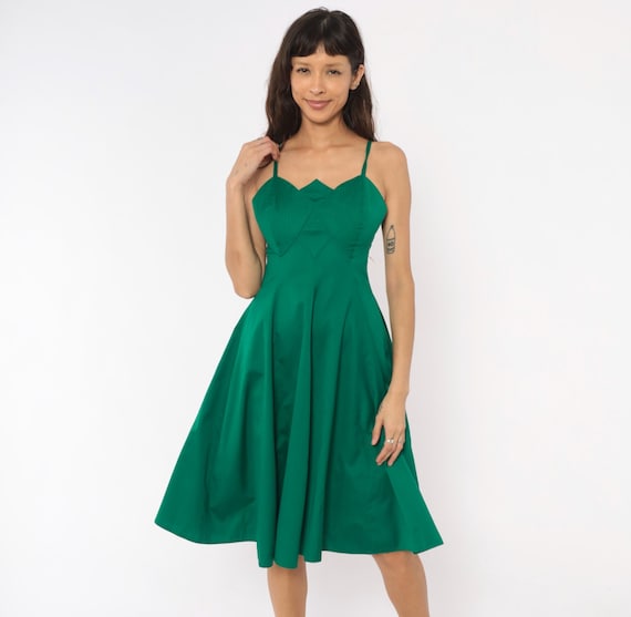 Emerald Bustier Sundress 90s Sweetheart Neckline Fit And Flare Cotton Spaghetti Strap Green Pin Up Swing Corset Vintage Summer Small S