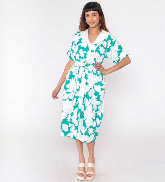 Floral Midi Dress 80s Button Up Shirtdress Green White Scalloped Collar Day Dress Belted Shirtwaist High Waist Vintage 1980s Large 12