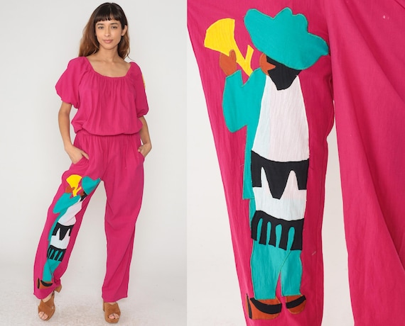 Southwestern Pink Palazzo Jumpsuit 90s Off Shoulder  Wide Leg Cotton Puffy Sleeve One Piece Peasant Style Folk Art Vintage Medium M