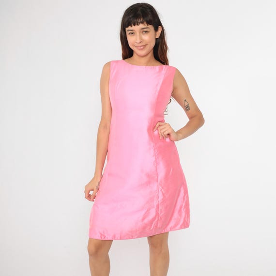 Vintage 60s Pink Shantung Mini Dress Gino Charles Sleeveless Boat Neck Mod Cocktail Party Dress Bergdorf Goodman Evening Pocket Shift Small