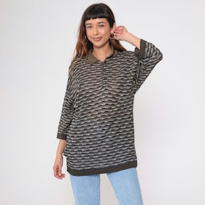 Vintage Sheer Polo Sweater Black White Striped Pullover Sweater 90s Knit Slouchy Button Up Brown Collared 1990s 3/4 Sleeve Large L