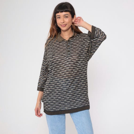 Vintage Sheer Polo Sweater Black White Striped Pullover Sweater 90s Knit Slouchy Button Up Brown Collared 1990s 3/4 Sleeve Large L