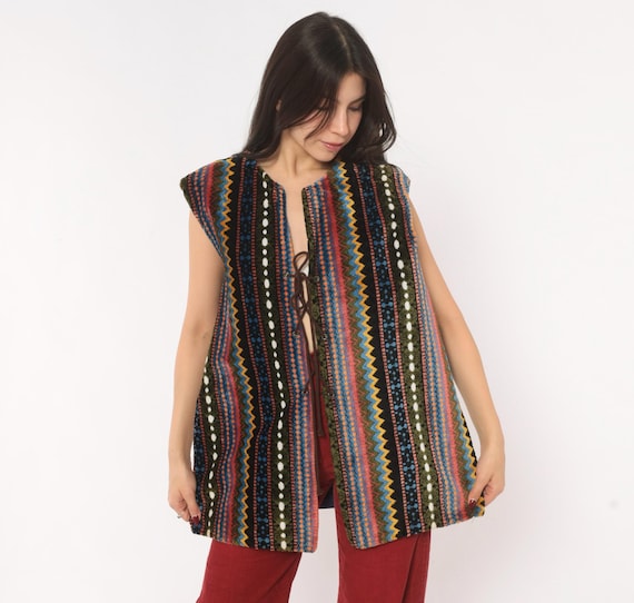 70s Chenille Tapestry Vest Multicolor Zigzag Stripe Tunic Lace Up Front Black Blue Orange Layering Waistcoat Psychedelic Hippie Top Large L