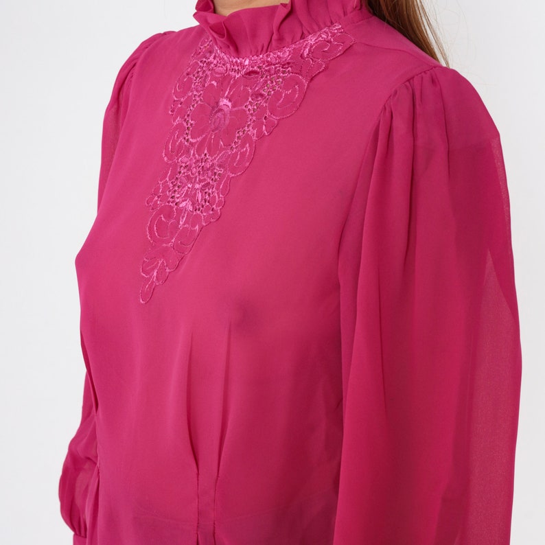 Sheer Victorian Blouse 70s 80s Fuchsia Eyelet Floral Embroidered Chiffon Top Party Long Puff Sleeve Shirt Formal Vintage 1980s Medium 8 image 7