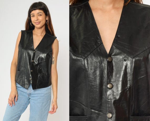 Black Leather Vest 90s Biker Button up Vest Top Rocker Snap