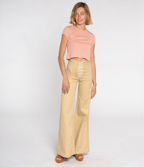 Corset Bell Bottoms Pants 70s Boho Hippie Tan Lac… - image 2