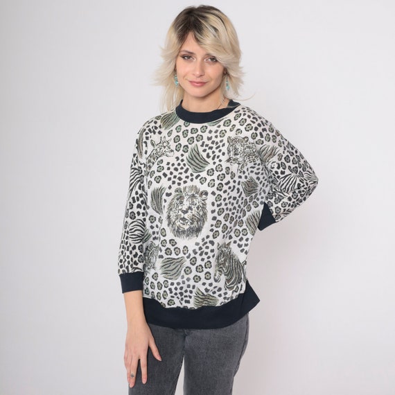 Vintage Safari Animal Shirt 80s 90s Glittery Lion Tiger Jungle Print Blouse Zebra Leopard 1980s Sparkly Slouchy Long Sleeve African Medium