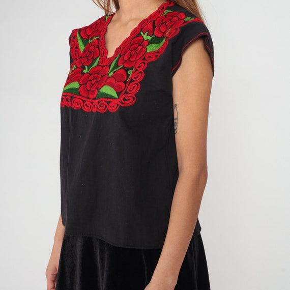 Mexican Floral Blouse 90s Black Embroidered Top P… - image 5