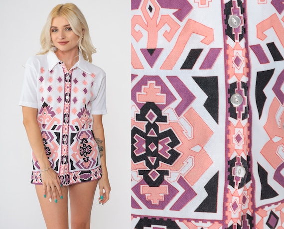 70s Psychedelic Top White Geometric Print Shirt Hippie Blouse Bohemian Shirt 1970s Short Sleeve Hippie Purple Pink Button Up Boho Medium
