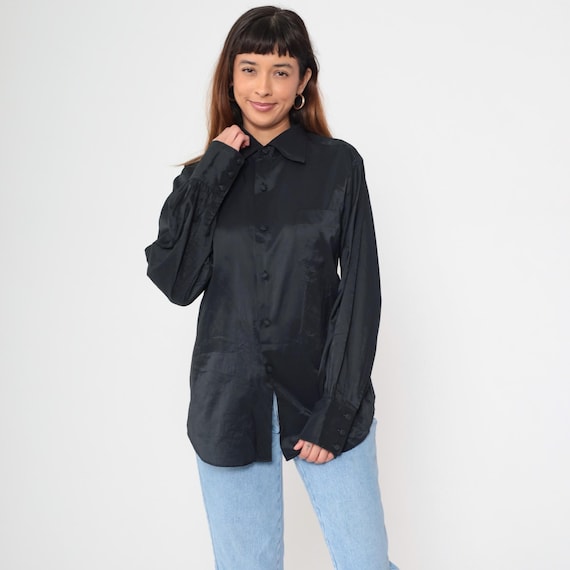 70s Button Up Shirt Black Vintage Classic Collar Long Sleeve Minimalist Boxy Fit Office Professional Business Casual Statement Medium M