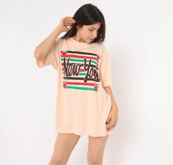 New York Tee 90s Pink Cotton Graphic Print Souvenir T Shirt Red Green Apple Stripe NYC Travel City Boxy Loose Fit Summer Top Extra Large XL