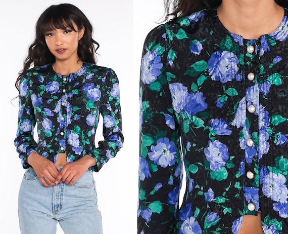 Floral Crop Top 80s 90s Blouse Black Embossed Pearl Button Up Shirt Boho 80s Top Vintage 1990s Long Sleeve Shirt Blue Extra Small xs
